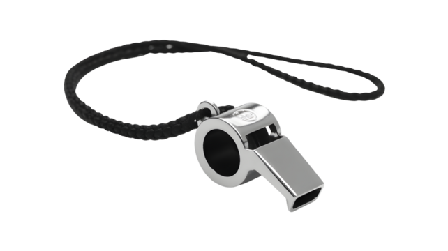 Shiny silver whistle with black lanyard for sports, safety, or referee use, ready to signal action