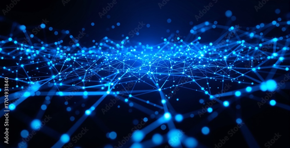 Poster glowing blue network of connected nodes and lines on a futuristic digital background, representing t