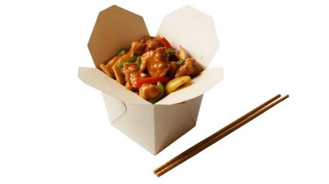 Delicious sweet and sour chicken takeout box with chopsticks, tempting Asian cuisine ready to enjoy - Powered by Adobe