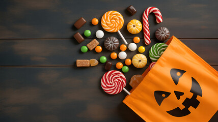 A halloween bag spills assorted candies onto a dark wooden surface from an overhead perspective view .