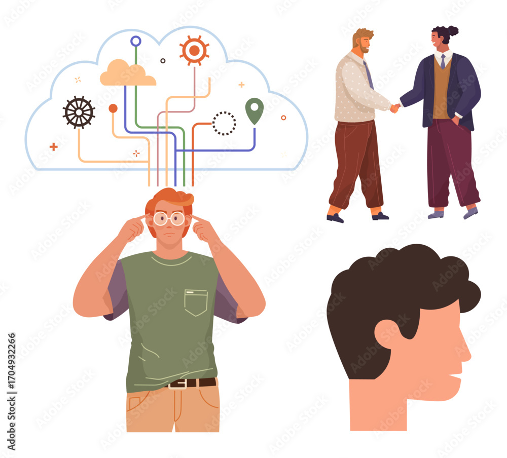 Poster man focusing on ideas with a cloud of interconnected concepts, two people shaking hands, and a side 