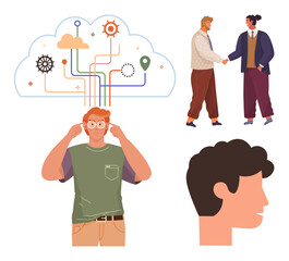 Man focusing on ideas with a cloud of interconnected concepts, two people shaking hands, and a side profile head. Ideal for teamwork, networking, innovation, brainstorming, collaboration, creativity