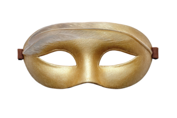 Elegant golden masquerade mask with feather detail, isolated on transparent background