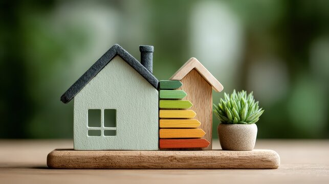 Wooden house model alongside color blocks showing improvement in energy efficiency ratings on a wooden surface against a blurred green backdrop - Powered by Adobe