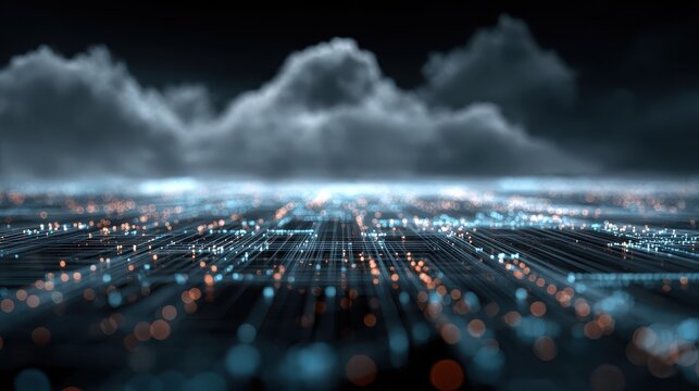 Finger touches digital cityscape projection representing modern technology, data processing, artificial intelligence and innovative future