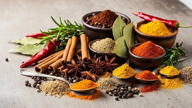 Aromatic spices arranged on table