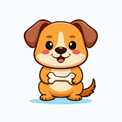 Obraz premium Vector illustration of a cute kawaii dog character with a thick bold outline. The happy puppy has a small round body and is holding a bone