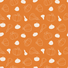 Autumn seamless pattern with pumpkins on an orange background, vector illustration, flat design. Colorful Delicious Graphic pattern template for design, decoration, fabric, Wrapping Paper, Holiday