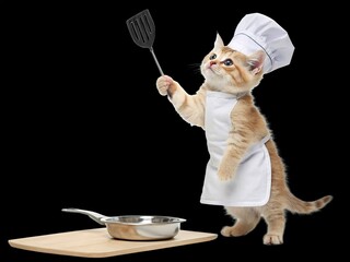Cartoon kitten chef stirring pot, wearing apron and hat. black background.