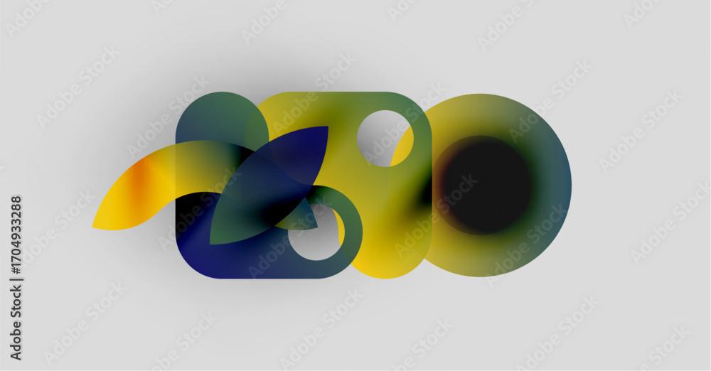 Poster abstract design features overlapping colorful shapes forming 3d text. soft gradients create depth, v