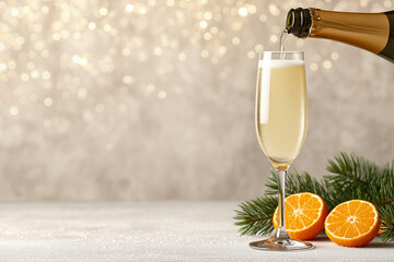 process of pouring champagne from bottle into tall narrow glass on festive background
