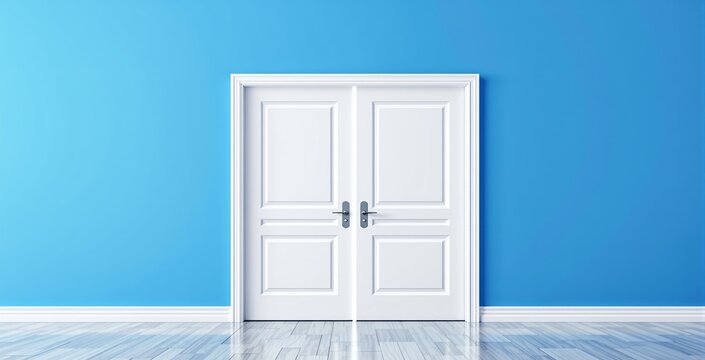 Closed white double doors with silver handles in a modern minimalist room with glossy floor and solid bright blue wall background. Ai generative. Ai generative - Powered by Adobe