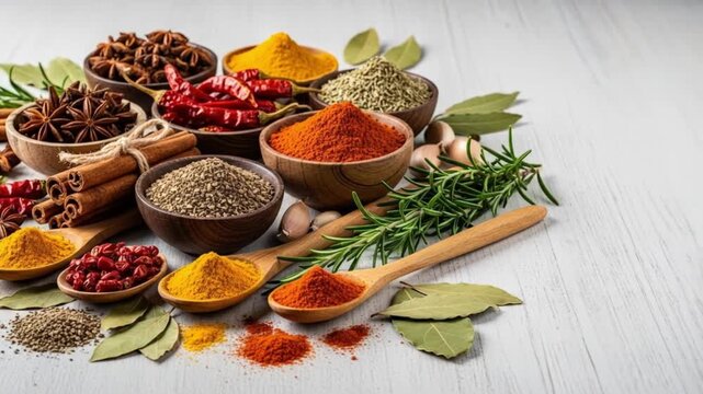 Aromatic spices in wooden bowls