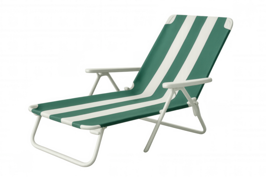 Green-white striped folding deck chair rendering, offering comfortable summer lounging, positioned against transparent backdrop