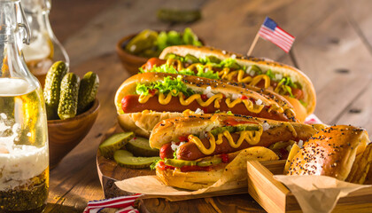 American Style Gourmet Hotdog with Pickles and Mustard Food Concept
