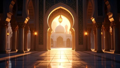 Sunlit, ornate arched hallway leads to a mosque with dome, pillars, and decorative lamps. Interior view with warm light