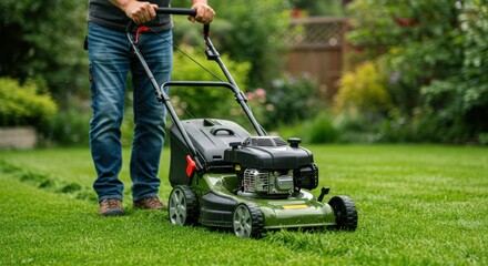 Person mowing lawn with garden mower outdoors