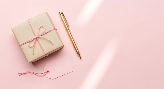 Elegant Gift Box Pink Background Gold Pen Minimalist Branding Design