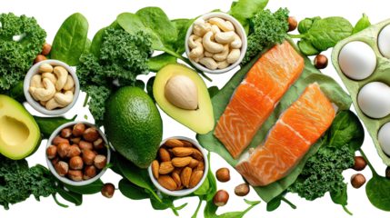 Healthy Food Assortment with Salmon, Avocado, and Nuts