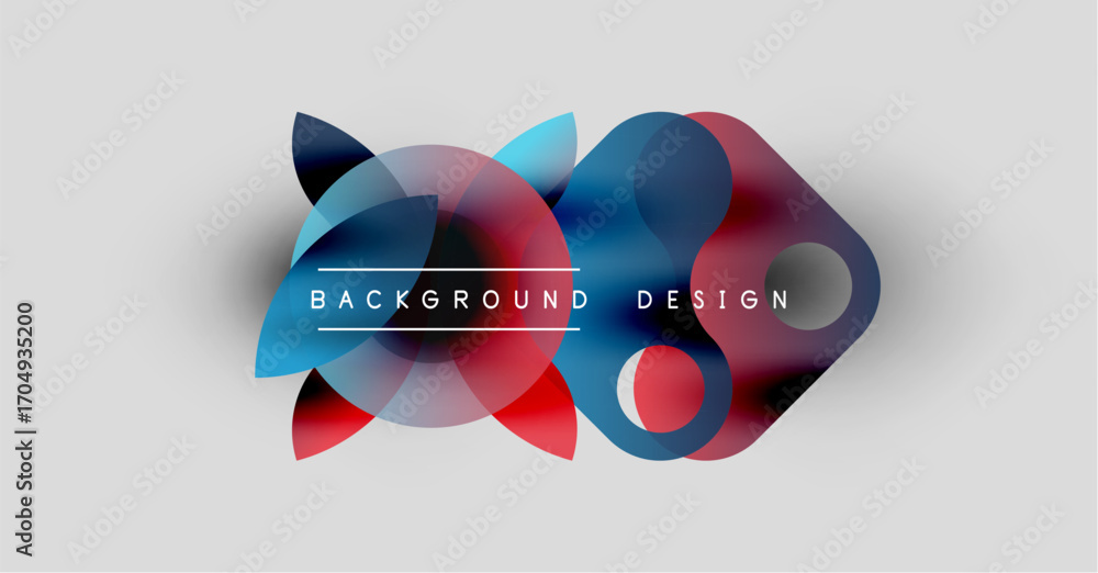 Poster abstract colorful shapes overlap, creating dynamic background design. red, blue hues dominate light 