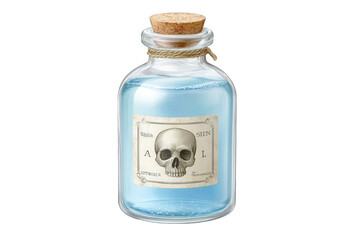 Glass bottle with blue liquid and skull poison label isolated on transparent background