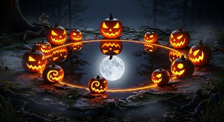 Spooky halloween pumpkins circle a pond reflecting the moon in a dark forest night