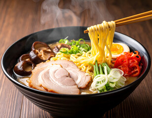 Appetizing Close up of Japanese Ramen Noodle Soup Meal