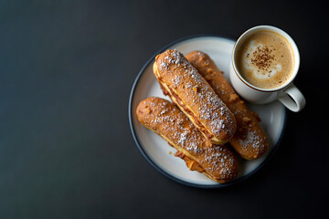 Eclairs in a plate next to a cup of cappuccino on a dark vintage background. Top view.