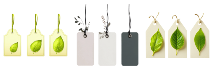 Collection of tags with green leaves and plants for branding on transparent background