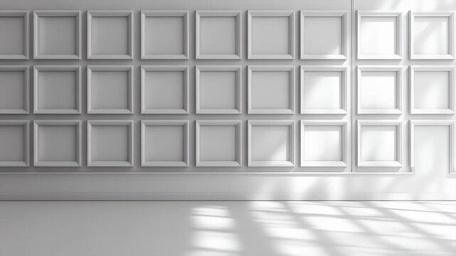 Empty room with a wall of decorative picture frames. Sunlight casts shadows on the floor