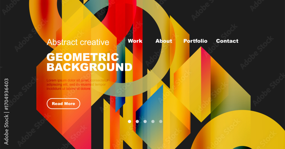 Poster bright geometric shapes overlap, creating vibrant background. text details website navigation, promo