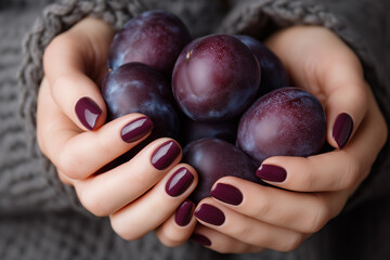 female hands with plum colored manicure holding a handful of ripe plums
