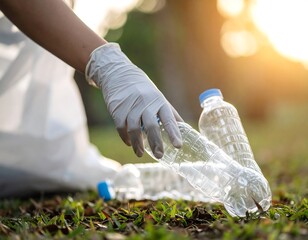 Person picking up plastic bottles in park