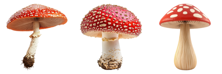 Three vibrant fly agaric mushrooms showcasing intricate details, isolated on transparent background