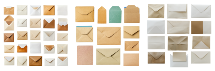 Variety of stylish envelopes arranged in groups against a black background on transparent background