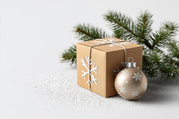 Craft gift box decorated with snowflakes, Christmas tree ball and fir branches on white background with copy space

