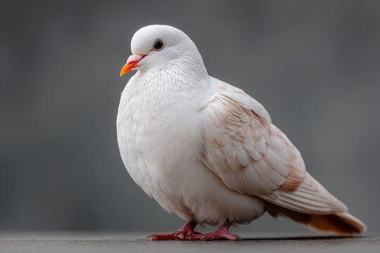 White dove perched on a ledge with a gray background.