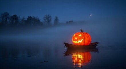 Glowing jack o'lantern in a boat on a misty lake under a full moon at nighttime