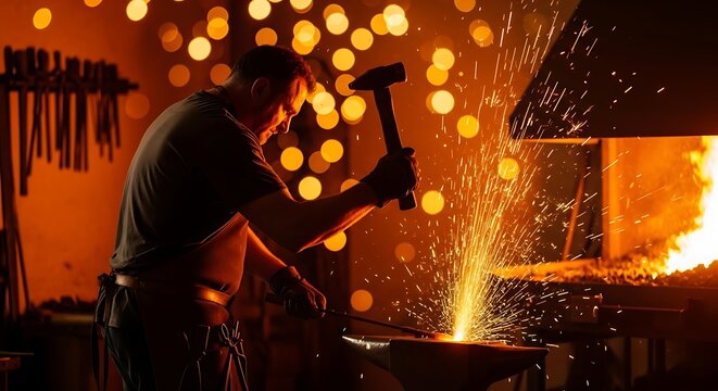 Intense forge worker crafting metalwork with sparks flying dramatically