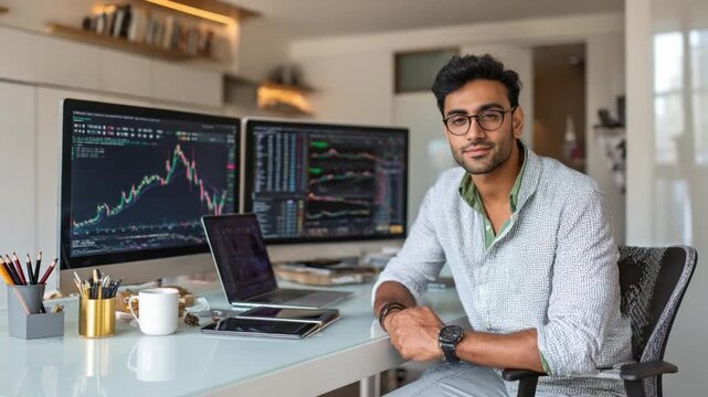 Successful Trader at Home: A focused trader smiles while working on a computer analyzing charts and financial data, showcasing a modern approach to business and investment.