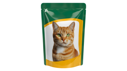 Adorable ginger cat portrait on premium green pet food packaging design