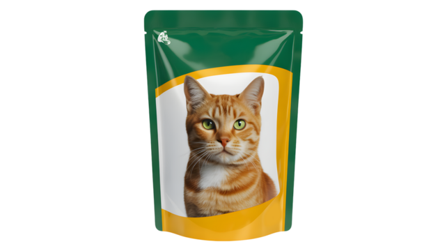 Adorable ginger cat portrait on premium green pet food packaging design
