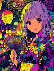 浴衣姿の美しい女性を描いたアニメ風ベクターイラスト