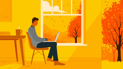 秋の窓辺でノートパソコンで仕事をするビジネスマンのベクターイラスト