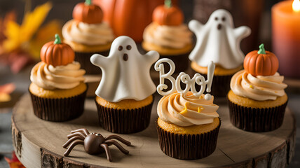 A halloween themed dessert display featuring cupcakes decorated with pumpkins and ghost shaped toppings .