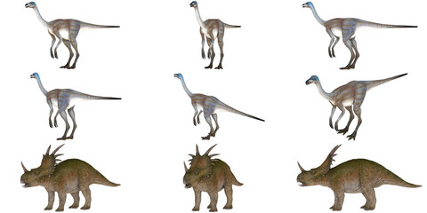 Dinosaurs in various poses on a white background