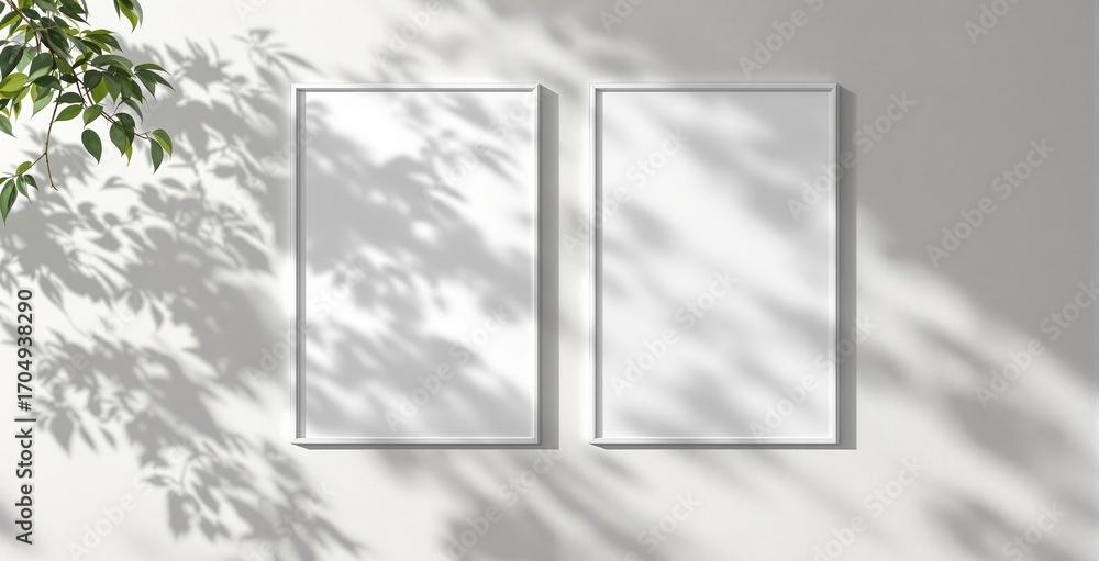 Poster two vertical white picture frames casting soft shadows with leaves on a clean wall background in nat