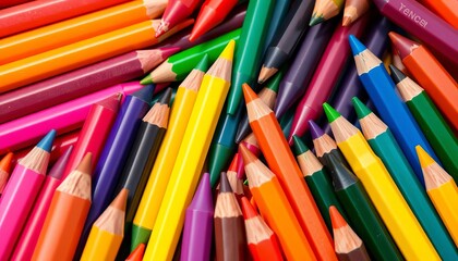 Assortment of colorful crayons, various shades, neatly arranged,  texture,  macro