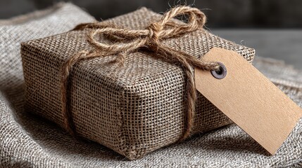 Burlap sack and present box tied with twine and tag on a neutral backdrop offer a rustic and natural aesthetic for gift giving or storage ideas