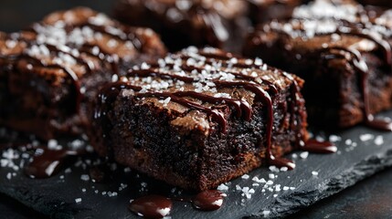 American brownie squares with chocolate drizzle on black slate, room for overlay text 